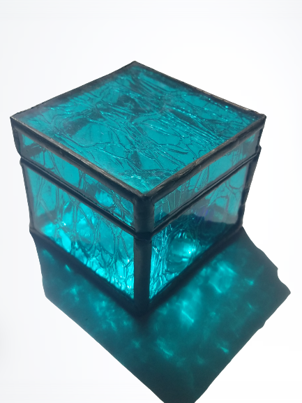 turquoise  blue crackle glass stained glass box 